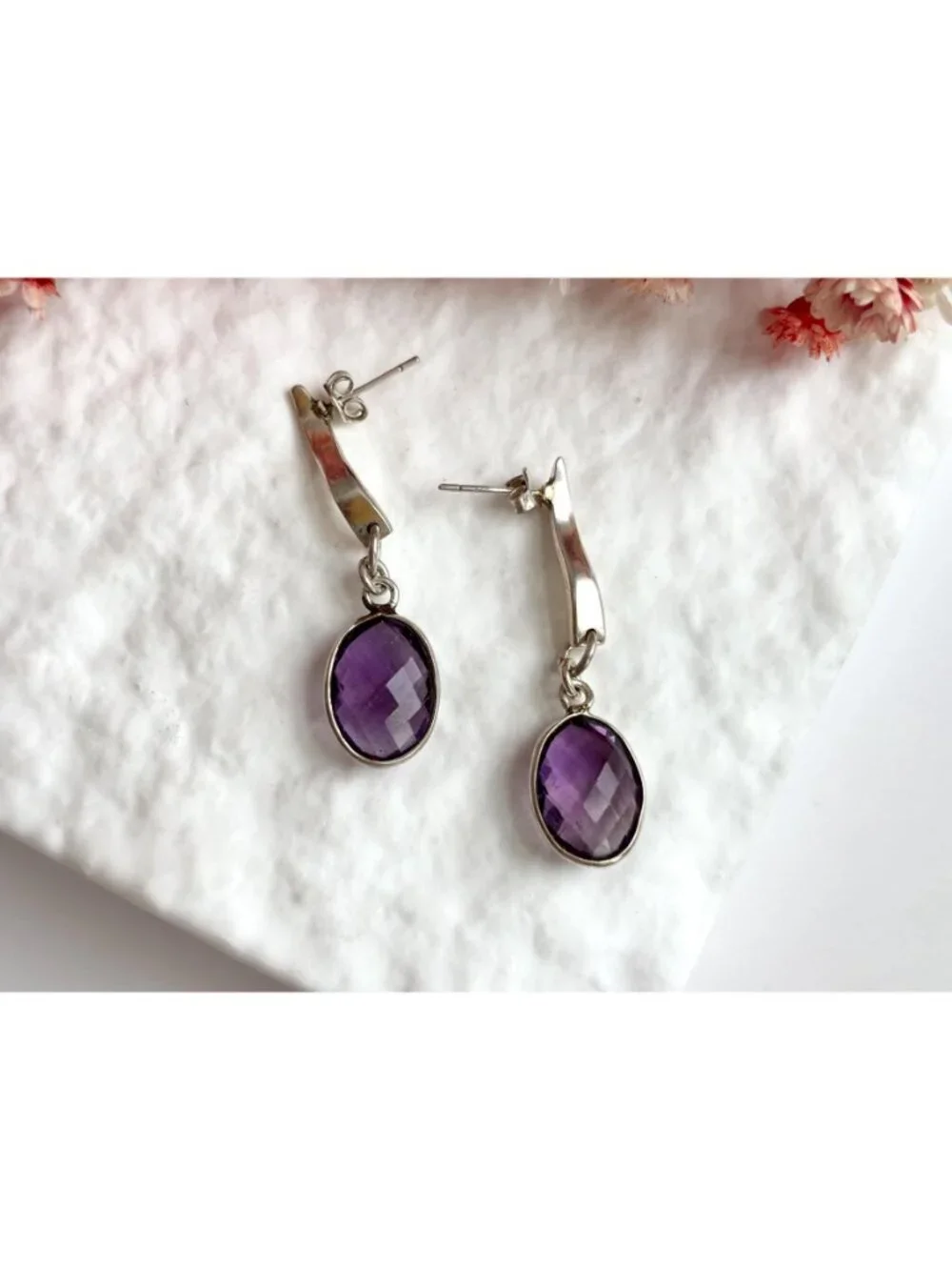 Amethyst Gemstone Swirly Minimalist Vintage Sterling Silver 925 Earrings